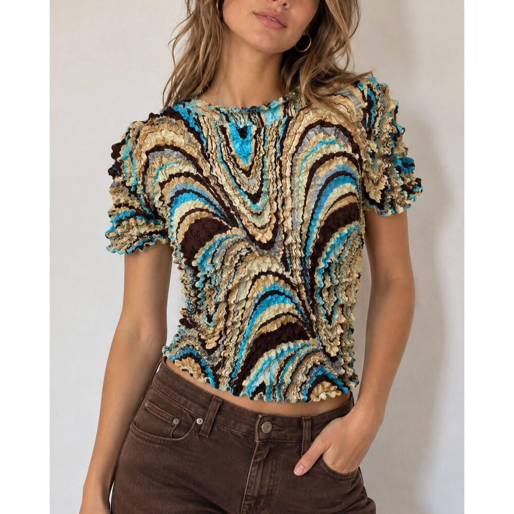 Vintage FC Y2K Popcorn Shirt OS Psychedelic Swirl Crinkle Stretch Top Stretchy